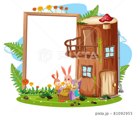 Blank banner in the garden with rabbit family isolated 81092955