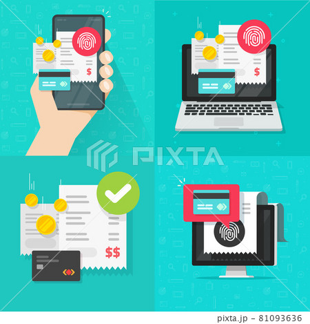 Online digital payment set with touch id technology and credit bank card with invoice receipt on screen vector flat cartoon illustration, web internet pay tech on cell phone and computer icon 81093636