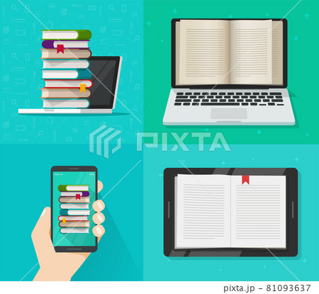 Digital electronic books online reading concept on computer, cell phone and tablet reader device screens vector flat cartoon illustration, person holding mobile smartphone with ebooks pile 81093637