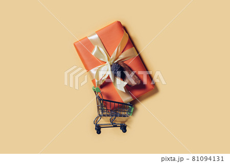 Purchase gift for Thanksgiving Day. Shopping cart and gift box with pine cone and autumn leaf Purchase gift for Thanksgiving Day. Shopping cart and gift box with pine cone and autumn leaf 81094131