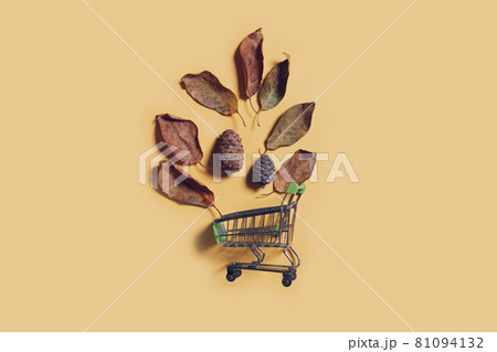 Autumn shopping concept - shopping cart and fall leaves and pine cones on yellow background Autumn shopping concept - shopping cart and fall leaves and pine cones on yellow background 81094132