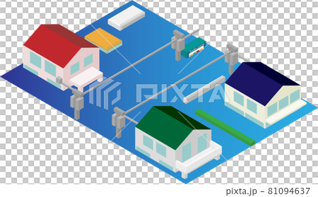Residential area damaged by isometric floods 81094637