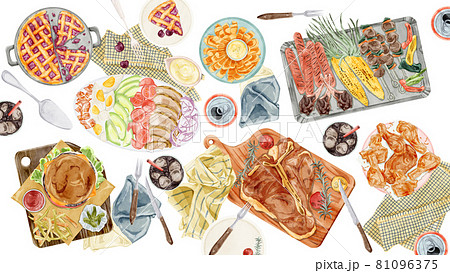 アメリカンな料理を並べたホームパーティー手描き水彩風イラストのイラスト素材