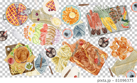 アメリカンな料理を並べたホームパーティー手描き水彩風イラスト 81096375