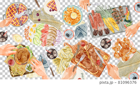 Home party hand-painted watercolor-style illustrations with American dishes 81096376