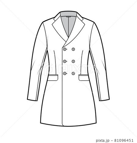 Fitted jacket double breasted suit technical fashion illustration with long sleeves, notched collar, fingertip length 81096451