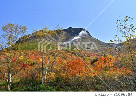 茶臼岳と紅葉の姥ヶ平の写真素材