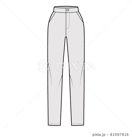 Pants slim fitted straight technical fashion illustration with normal waist, high rise, full length, slashed pockets 81097816
