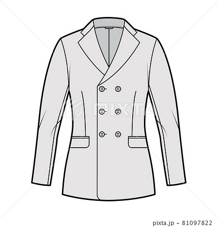 Fitted jacket suit technical fashion illustration with double breasted, notched lapel collar, flap pockets, hip length 81097822