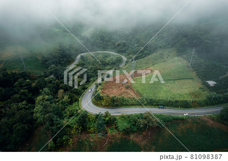 Mountain road in rainy and foggy day 81098387