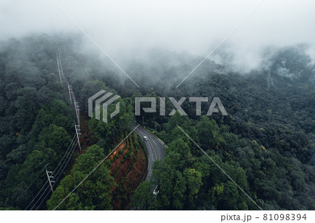 Mountain road in rainy and foggy day 81098394