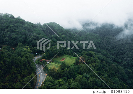 Mountain road in rainy and foggy day 81098419