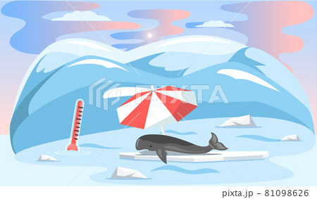 Whale suffers from heat, global warming. Animal lies under umbrella and escape from climate change Whale suffers from heat, global warming. Animal lies under umbrella and escape from climate change 81098626