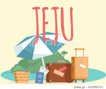 Adventure to Jeju island. Inscription with invitation to island with luggage and beach accessories 81098701