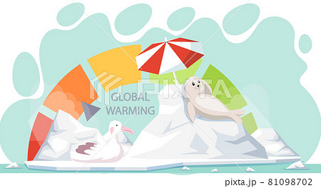 Polar bird and seal sitting on melting ice during global warming. Earth temperature rise indicator 81098702