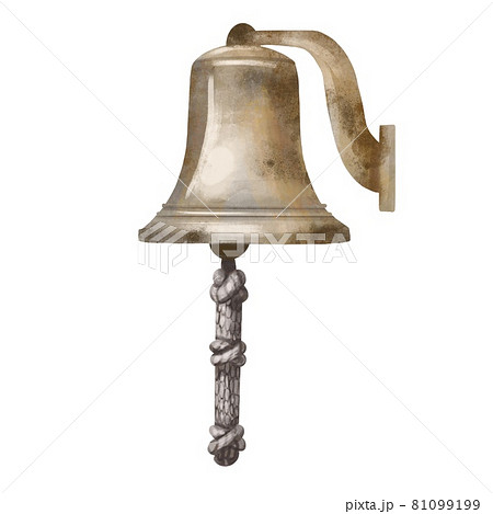 Illustration of old ship's bell. Hand drawn watercolor painting on white background. 81099199