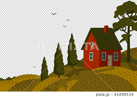 Red farm house. Rural landscape with Barn house in rustic style on green field with cypresses Red farm house. Rural landscape with Barn house in rustic style on green field with cypresses 81099539