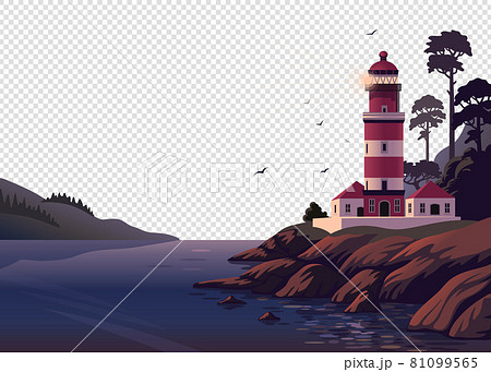 Lighthouse vector landscape. Beautiful sea landscape with a beacon on the cliff on transparent background. Vector illustration in flat cartoon style 81099565