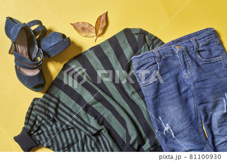 Female autumnal clothes set on yellow background. Set of women outfit clothes on yellow 81100930