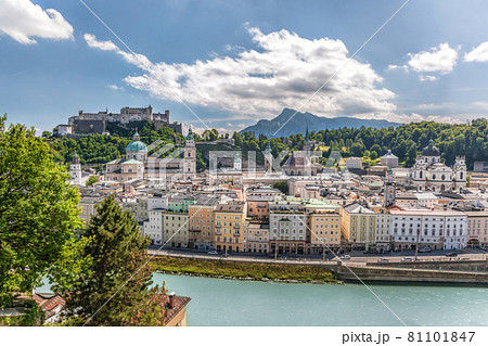 Panorama of Salzburg with Festung Hohensalzburg during summer time, Salzburg, Austria Panorama of Salzburg with Festung Hohensalzburg during summer time, Salzburg, Austria 81101847