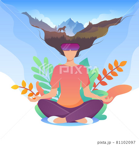 Digital entertainment and virtual reality concept. Girl interacting with imaginary nature through VR glasses. Illustration of VR cyberspace Digital entertainment and virtual reality concept. Girl interacting with imaginary nature through VR glasses. Illustration of VR cyberspace 81102097