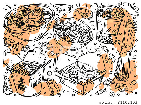 Hand-drawn line vector illustration on white board. Sketches of food. Doodle types of noodles: soba, funchose, udon, ramen, wok, pasta, ingredients 81102193
