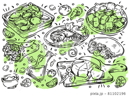 Hand drawn line vector illustration food. Doodle Greek cuisine on white board: olives and olive oil, moussaka, grilled meat, gyros, souvlaki, hummus, cheese, greek salad, sauce 81102196