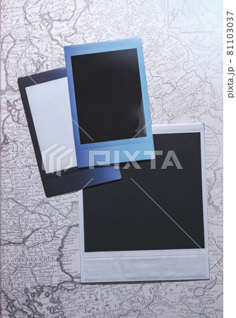 Blank photo frames on map background as template. Top View of photo frame on map, Memory of a trip or adventure. space for your logo or text. 81103037