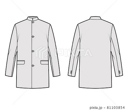 Nehru jacket technical fashion illustration with oversized, stand collar, flap pockets, oversized, long sleeves coat Nehru jacket technical fashion illustration with oversized, stand collar, flap pockets, oversized, long sleeves coat 81103854