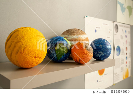 Group of planet models on shelf by white wall 81107609