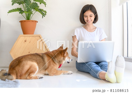 Beautiful young asian woman working on the floor in living room at home with her Shiba Inu Japanese dog, Cheerful and nice couple with people and pet Beautiful young asian woman working on the floor in living room at home with her Shiba Inu Japanese dog, Cheerful and nice couple with people and pet 81108615