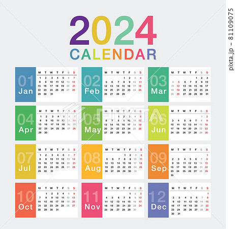 Colorful Year 2024 calendar horizontal vector design template, Colorful Year 2024 calendar horizontal vector design template, 81109075