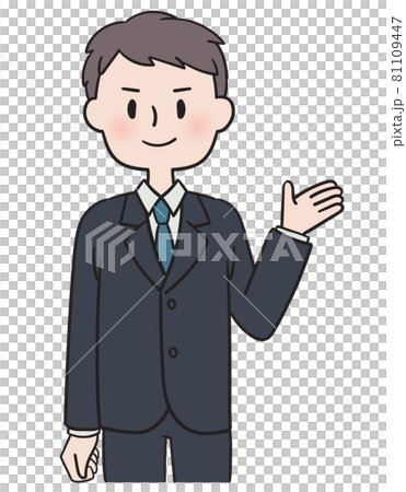 A man in a suit who raises one hand to guide 81109447