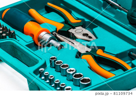 Bench tool equipment. Set of different construction work tools for repair, close up 81109734