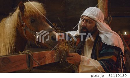 Joseph feeding horse in stable Joseph feeding horse in stable 81110180
