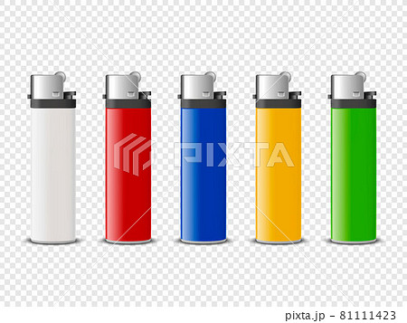 Vector 3d Realistic White, Red, Blue, Yellow, Green Blank Cigarette Lighter Set Closeup Isolated. Design Template for Advertising, Mockup, Corporate Identity. Front View 81111423