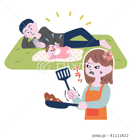 育児をせずスマホをいじる夫とイラつく妻 81111622