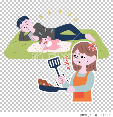 育児をせずスマホをいじる夫とイラつく妻 81111622