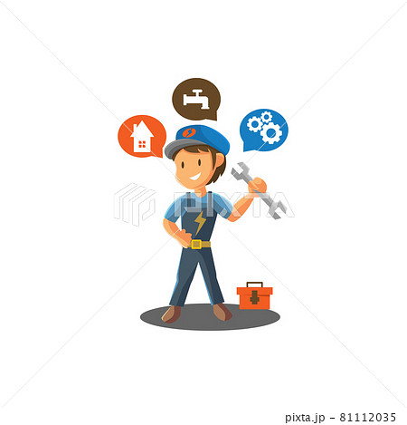 Repair man Holding Spanner worker Mechanic workshop emblem badge Mascot illustration 81112035