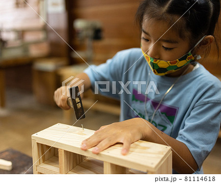 木工作りを楽しむ小学生女子 81114618