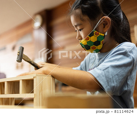 木工作りを楽しむ小学生女子 木工作りを楽しむ小学生女子 81114624