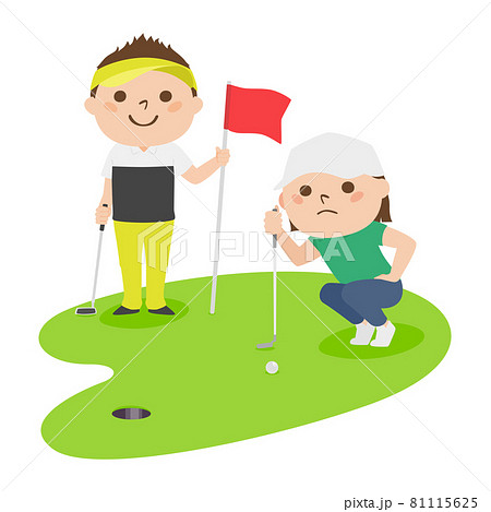 ゴルフのイラスト ゴルフ旗を持ってる男性 パターでゴルフボールを打とうとする女性 のイラスト素材