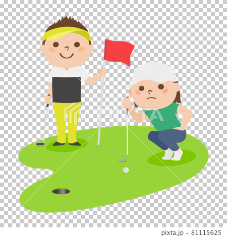 Illustration of golf. A man holding a golf flag. A woman trying to hit a golf ball with a putter. Illustration of golf. A man holding a golf flag. A woman trying to hit a golf ball with a putter. 81115625