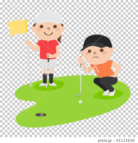 Illustration of golf. A woman holding a golf flag. A man trying to hit a golf ball with a putter. Illustration of golf. A woman holding a golf flag. A man trying to hit a golf ball with a putter. 81115630