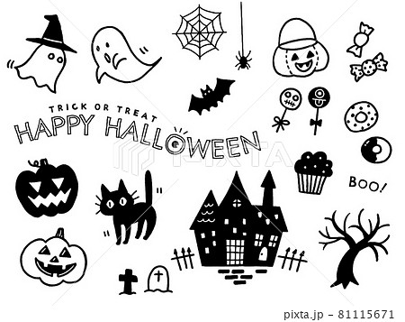 ハロウィンの手描きのイラストセット 白黒のイラスト素材