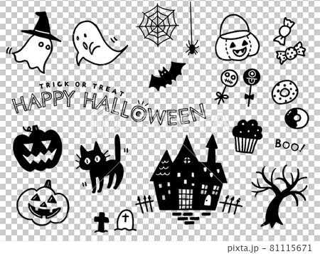 ハロウィンの手描きのイラストセット、白黒 81115671