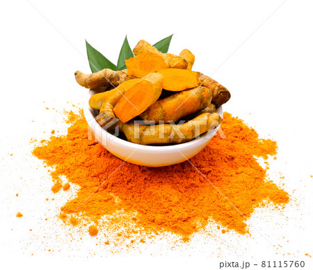 Turmeric (Curcuma longa Linn) powder in white bowl with rhizome isolated on white background Turmeric (Curcuma longa Linn) powder in white bowl with rhizome isolated on white background 81115760