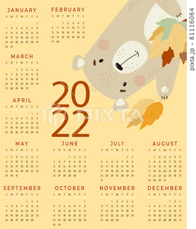 Annual Calendar for 2022. Cute bear with autumn leaves on a yellow background. Vector illustration. Vertical calendar template A3 for 12 months in English. Week starts on Sunday. Stationery, decor. Annual Calendar for 2022. Cute bear with autumn leaves on a yellow background. Vector illustration. Vertical calendar template A3 for 12 months in English. Week starts on Sunday. Stationery, decor. 81116064