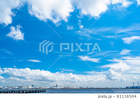 入道雲のかかる横浜港、夏の横浜港、快晴のウォーターフロント 81116504