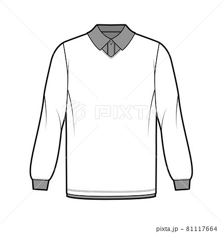 Shirt double technical fashion illustration with long sleeves, tunic length, henley neck, oversized, flat classic collar 81117664